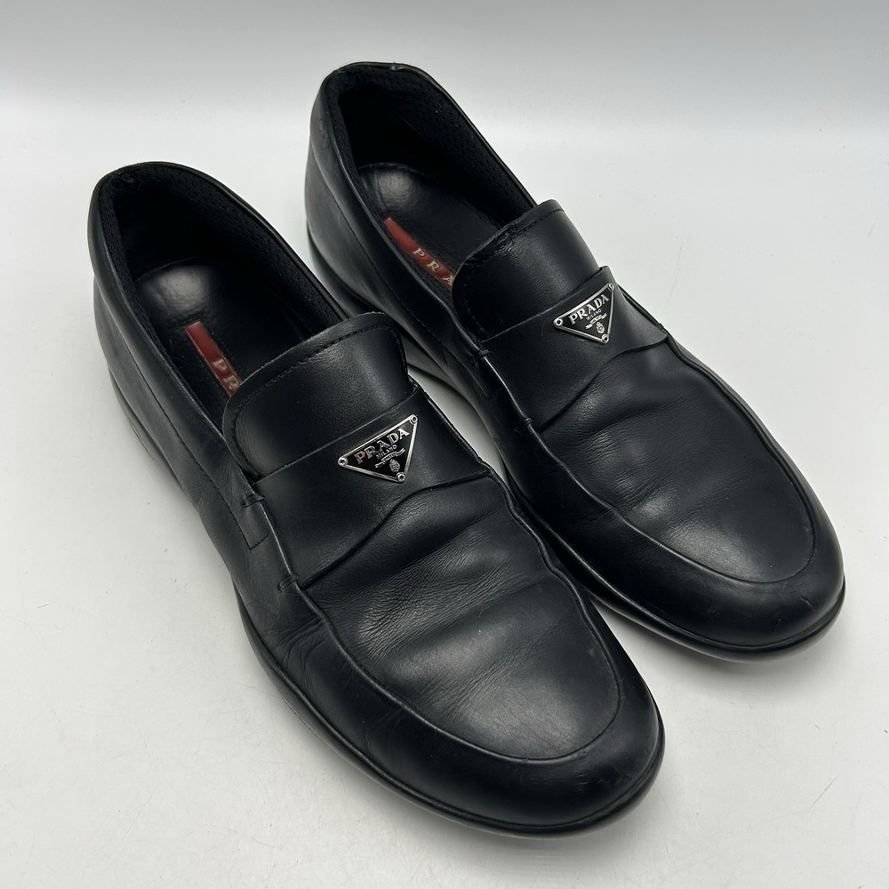 Prada Loafers Mens 7.5 Black Leather Triangle Logo Italy Preppy Dress Office